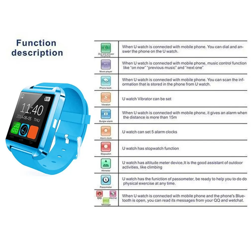 U8 Bluetooth Smart Watch Passometer Altimeter Music Player Remote Control Photography Sports Watch 4