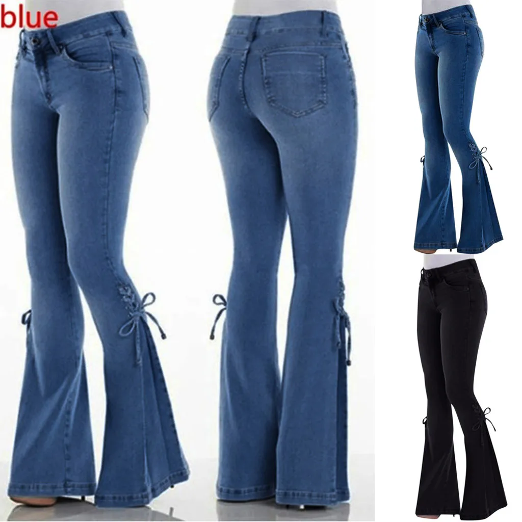 Весенние женские синие расклешенные брюки размера плюс XS-4XL со средней талией, женские сексуальные тянущиеся джинсы, модные широкие джинсовые брюки# G30