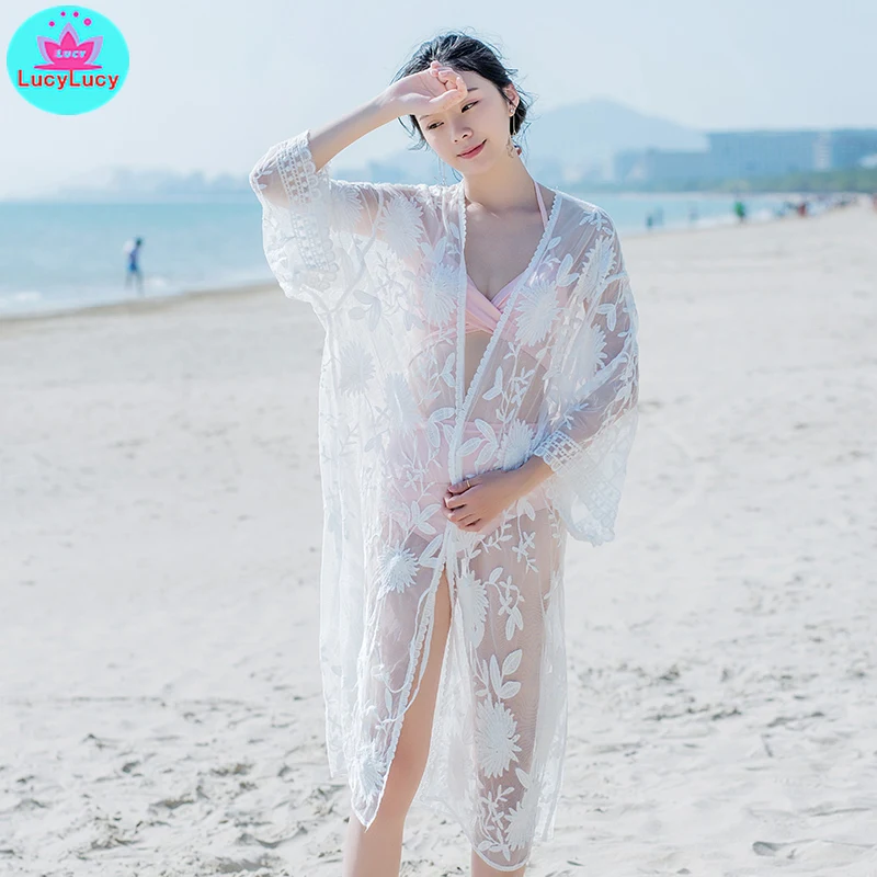 2019 bikini blouse jacket hot spring bathing suit outside take off lace hollow beach holiday skirt sunscreen cardigan women