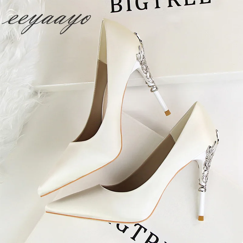 2019 New Spring/Autumn Women Pumps High Thin Heel Metal Pointed Toe Sexy Ladies Bridal Wedding Women Shoes White High Heels