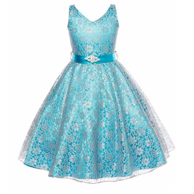 New Style Flower Girls Dresses Kids Lace Dresses with Rhinestone Sash Children Party Wedding Bridesmaid Clothing