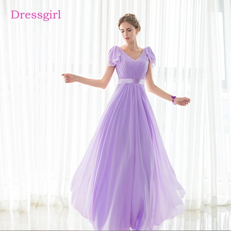 Vestidos de dama de honor con cuello en V, vestidos largos de gasa para fiesta de boda, Bajo 50, baratos, lavanda|cheap dresses|bridesmaid dresseslong wedding party dresses -