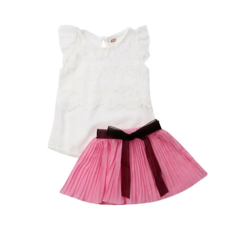 

2-5 Years Girls Clothes Set Solid White Chiffon T-Shirt For Girls Sleeveless Tops Cute Pink Skirts Girls Set Children Outfits