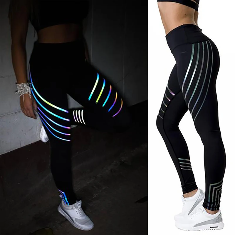 Reflective Leggings Night Running Pants Women Striped Fitness Gym Yoga