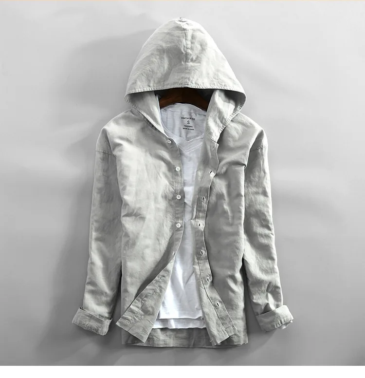 Mens Cotton Linen Hooded Shirts Long Sleeve Men High Quality Summer Hoodies Fashion Breathable Casual Shirt Male Tops TS-423