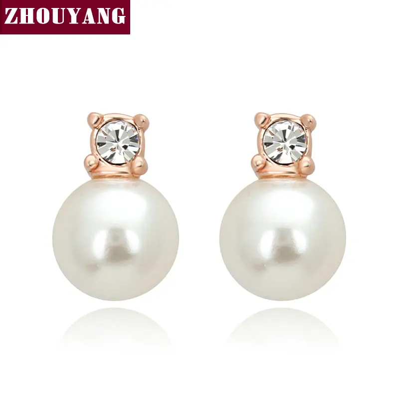 

ZHOUYANG Top Quality ZYE290 Classic Imitation Pearl Rose Gold Color Stud Earrings Jewelry Austrian Crystal Wholesale
