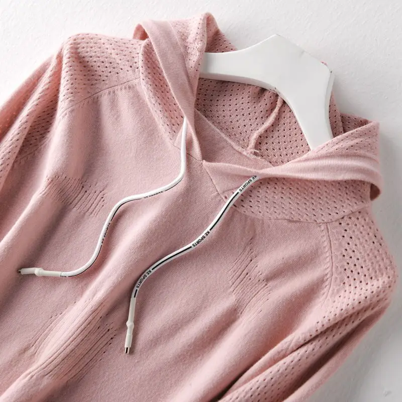Весенний и летний кашемировый свитер, тонкий вязаный свободный спортивный свитер с капюшоном, чистый цвет, кашемировый вязаный пуловер - Цвет: Pink