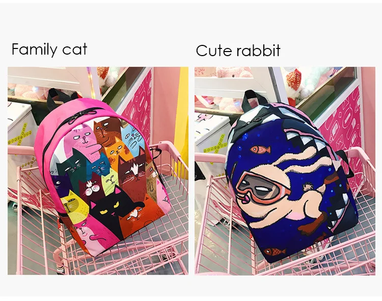 Menghuo Lovely Cat Printing Backpack Women Canvas Backpack School Bags for Teenagers Ladies Casual Cute Rucksack Bookbags (4)