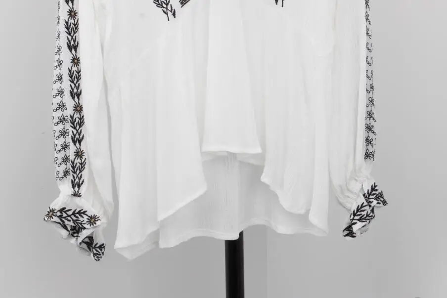 Женская блузка в стиле бохо, весна, новинка, винтажная, вышитая, хлопок, туника, топы, блузки, белые и черные, с длинным рукавом, женская блуза