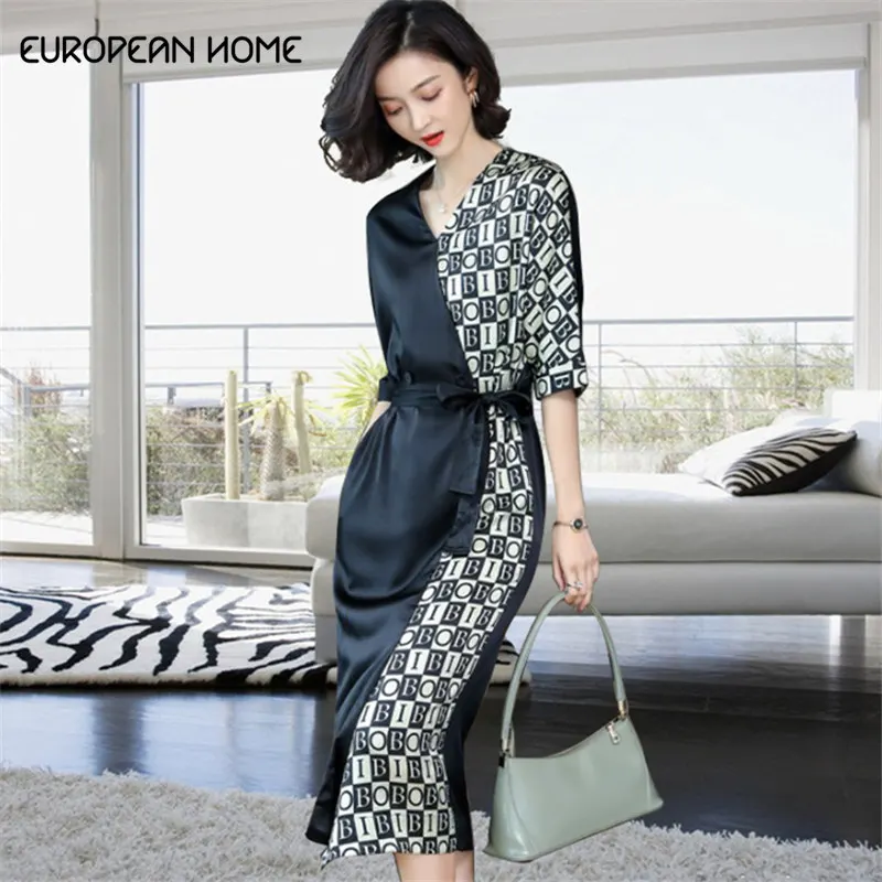 

European Home New 2019 Summer Dress Women Casual Silk Letter Print Long Dress V Neck Lady Office Plus Size Elegant Dresses 1003
