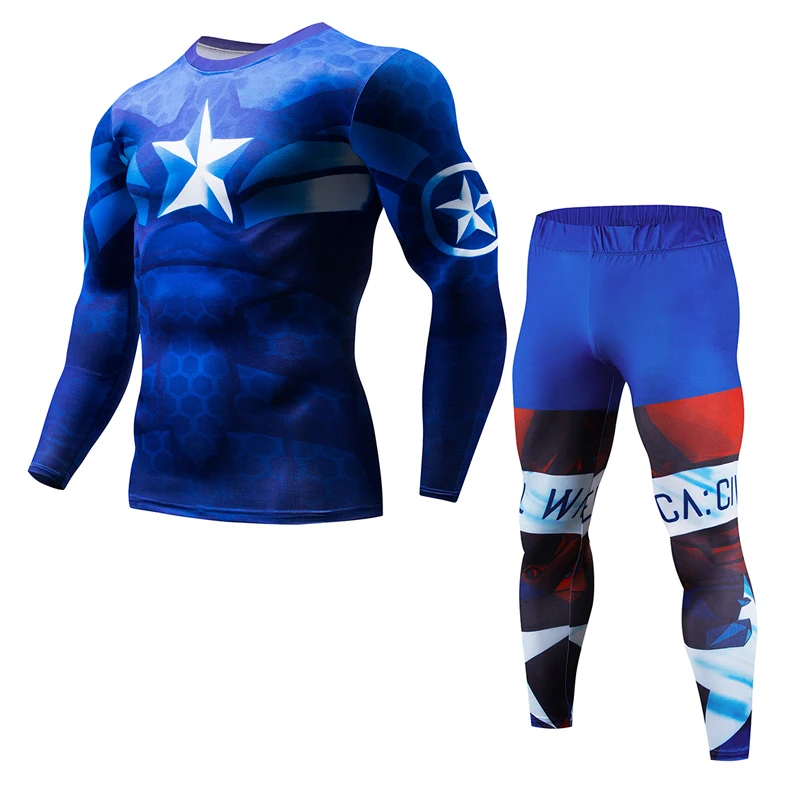 Avengers2 Железный человек 3D печати Для мужчин комплектов сжатия рубашки + леггинсы Base Слои Crossfit Фитнес бренд ММА костюм с длинными рукавами Tig