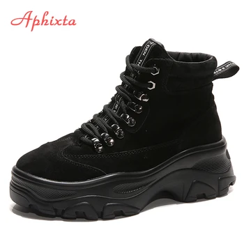 

Aphixta Platform Ankle Boots Shoes Woman Cow Suede Equestrian Winter Thick Sole Lace-up Women Shoes Waterproof Boot