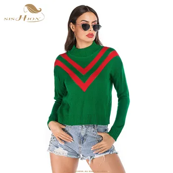 

SISHION Autumn Winter Women Pullover Knitted Short Sweater QY0194 Stripe Long Sleeve Plus Size Loose Top Sweater