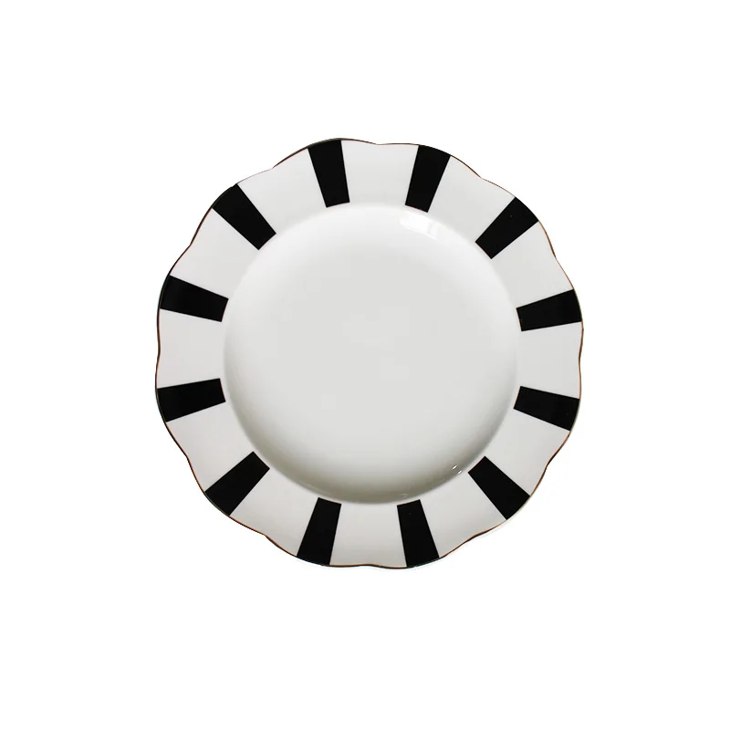 black and white Hepburn vintage breakfast plate bone China ceramic dishes striped dots cutlery flat Fruit home gifts | Дом и сад