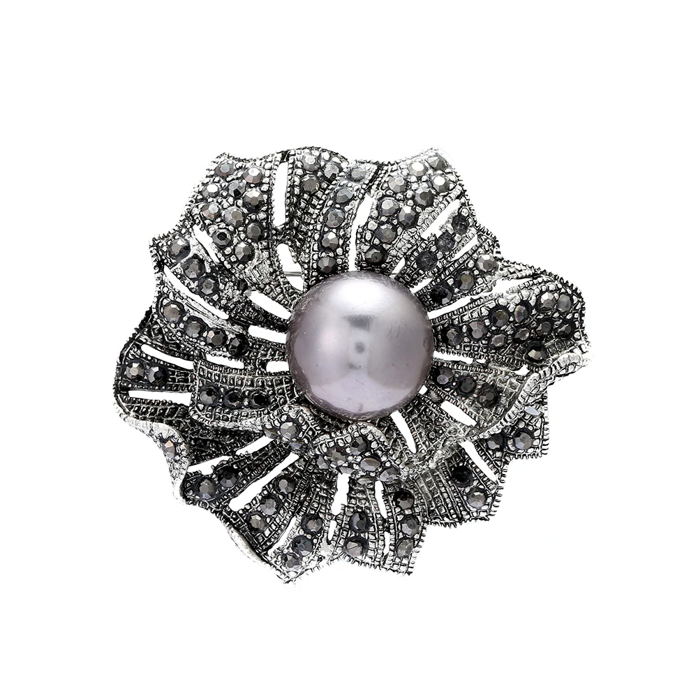 Vintage Style Elegant Black Rhinestones Brooches Double Imitation Pearl