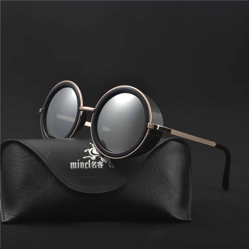 MINCL/панк солнцезащитные очки для мужчин и женщин панк очки маленькие круглые градиентные зеркальные круглые очки с Чехол LXL - Цвет линз: silver