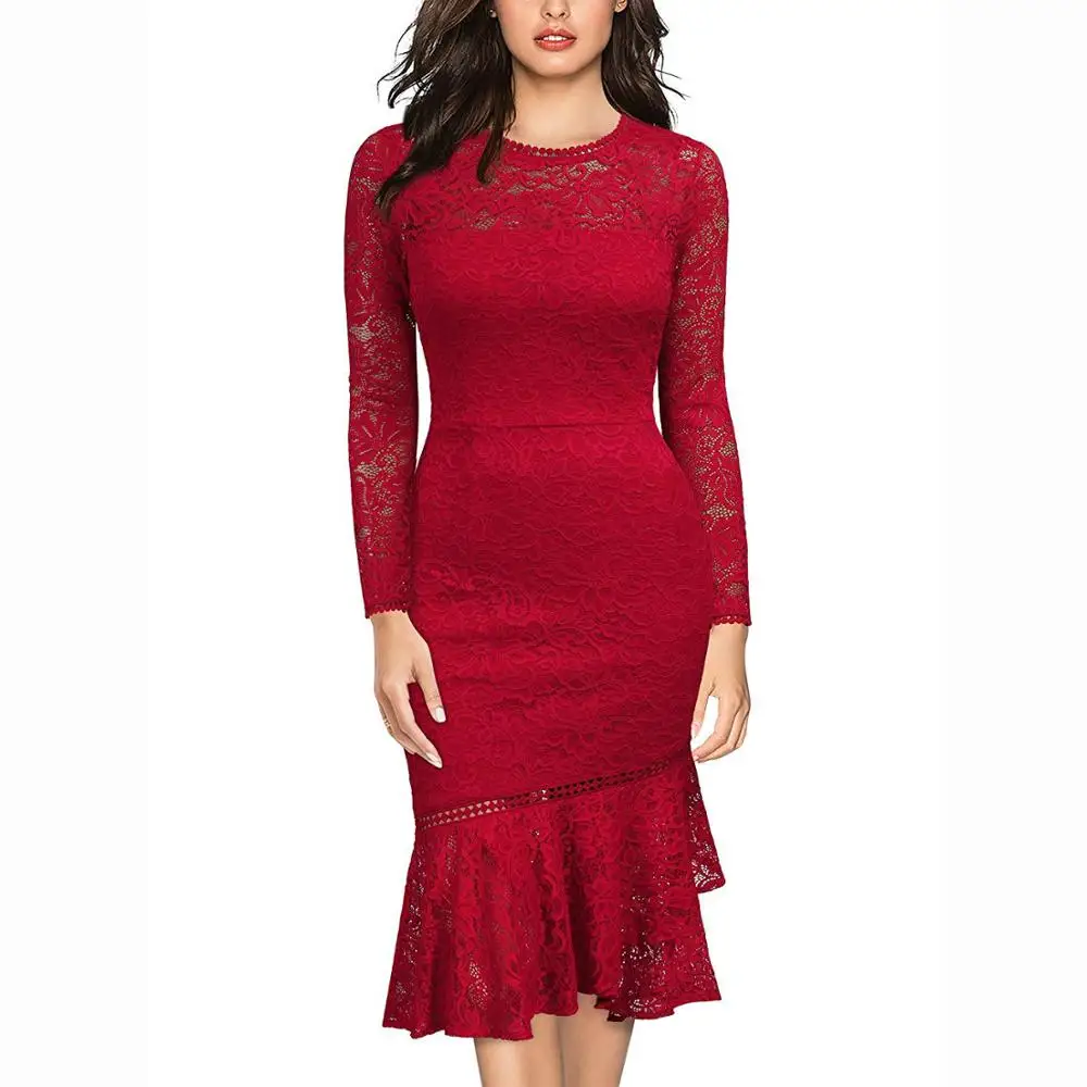 

Women's Retro Floral Lace Long Sleeve Wedding Party Dress Vintage Sheath Mermaid Dresses Vestidos Female
