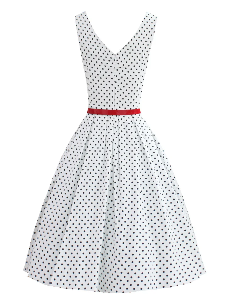Kostlish 2017 Retro Polka Dot Women Summer Dress O-Neck Sleeveless 50s Vintage Dress With Belt Elegant Party Dresses Plus Size (7)