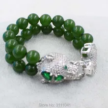 2 ряда зеленый нефрит Круглый 10 мм 12 мм+ Леопардовый Браслет на застежке 7,5 дюймов бусины природа ручной работы