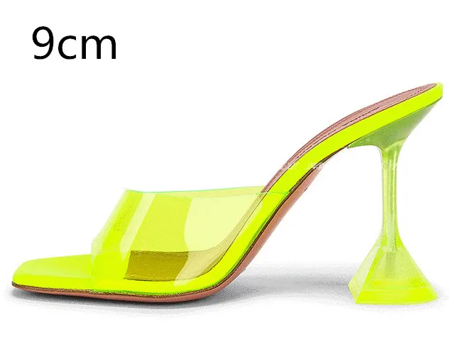 Прозрачные Шлепанцы из ПВХ пикантные женские туфли на высоком каблуке со стразами и открытым носком Прозрачные шлепанцы на высоком каблуке 7 см/9 см - Цвет: Green-9cm