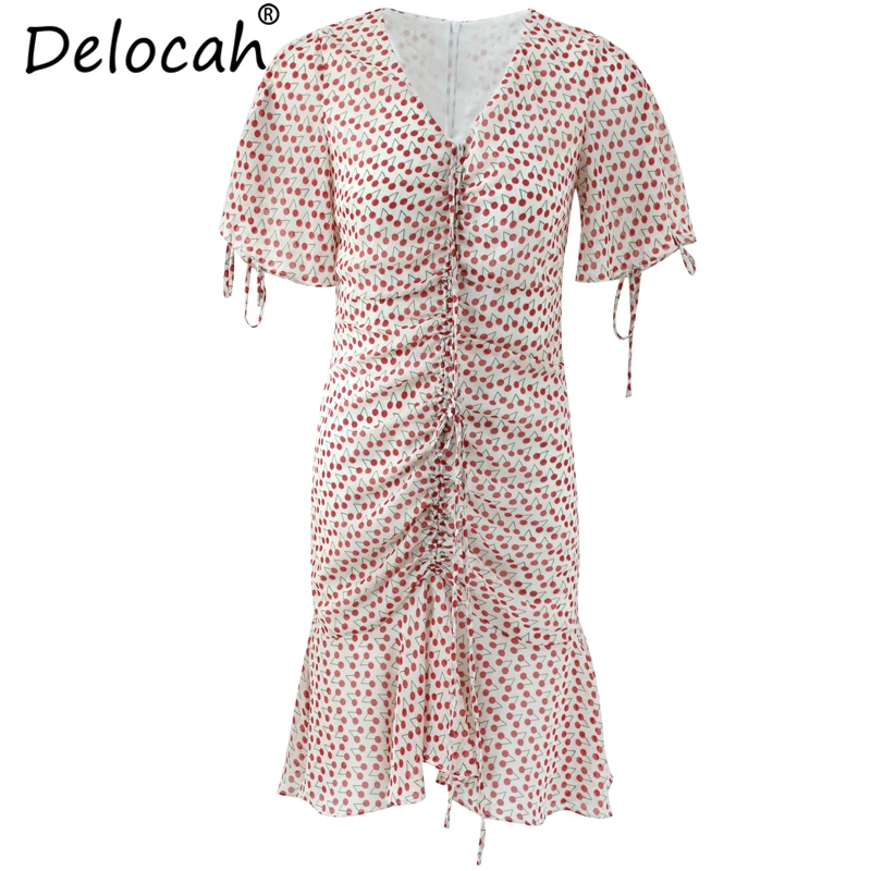 Delocah женское весенне-Летнее мини-платье для подиума, модное с v-образным вырезом и бантом, Драпированное платье в горошек, элегантные женские винтажные тонкие платья