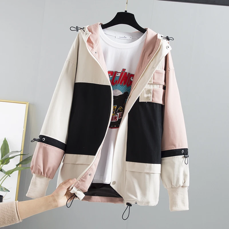 Harajuku Лоскутная длинная куртка с капюшоном для женщин 2020 Весна Осень Мода