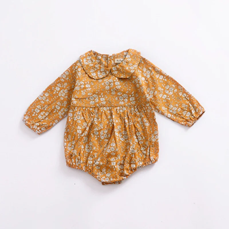 

Autumn Baby Girls Long Sleeve Mustard Romper With Peter Pan Collar Infant Girls Clothing 0-3Y