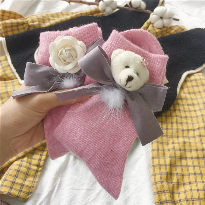 Шерстяные носки с мультяшным бантом и медведем женские теплые толстые осенние и зимние оптовые цены 11 цветов - Цвет: Розовый