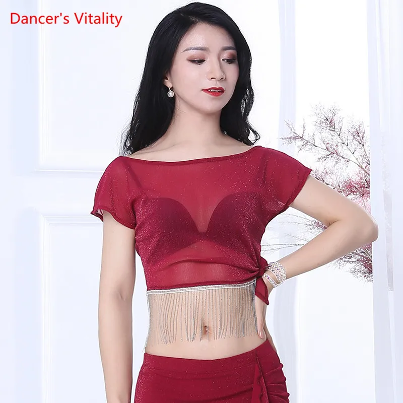 Летняя новая женская рубашка для танца живота сексуальная перспективная сетка с кисточками Восточная танцевальная одежда Топ