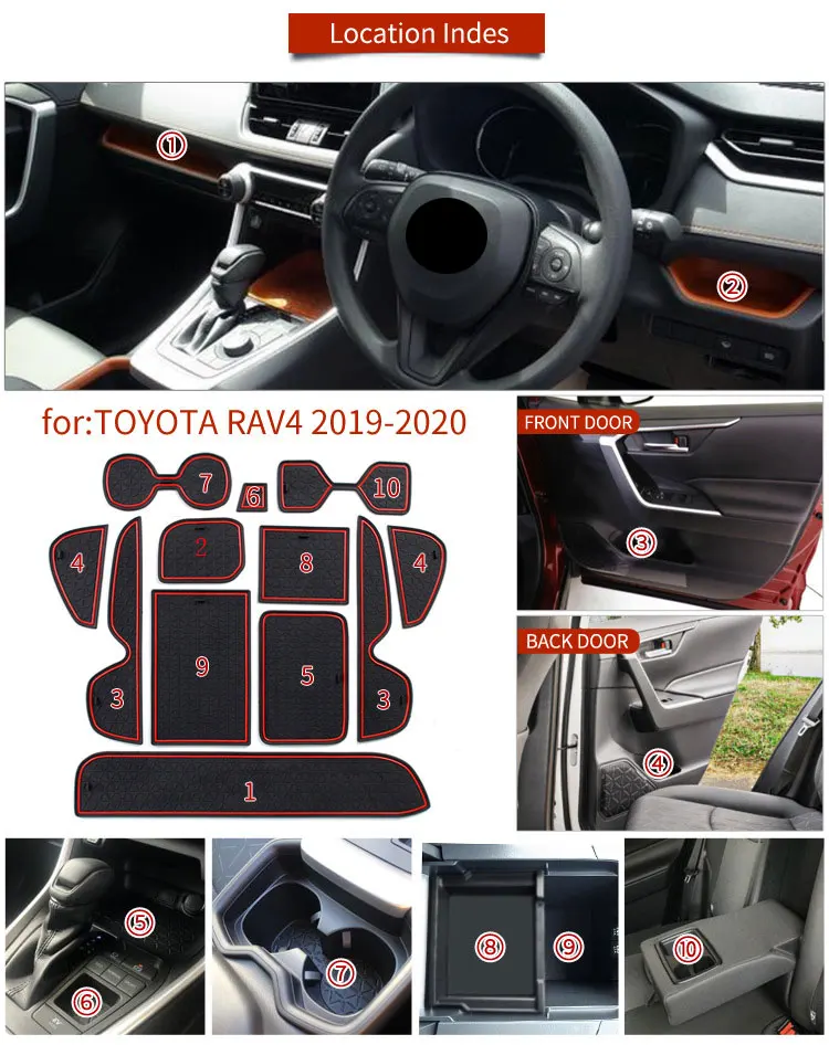 Car Accessories Non-Slip Pads For Toyota RAV4 Anti-Slip Mat Rubber Car Interior Organizer Door Slot Mat 12pcs