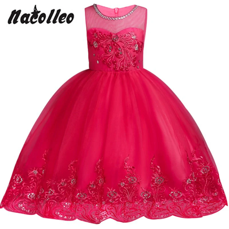 

Children's Lace Dresses Girls Embroidery Flowers Party Costume For Kids Girl Bridesmaid Ball Gown Princess Prom Birthday Dress