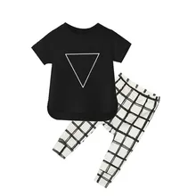 Popular Design Triangle Short Sleeve T-shirt+Grid Pant Toddler Girls Boys Clothing Set Kids 0-2Y Clothes Suit Ropa