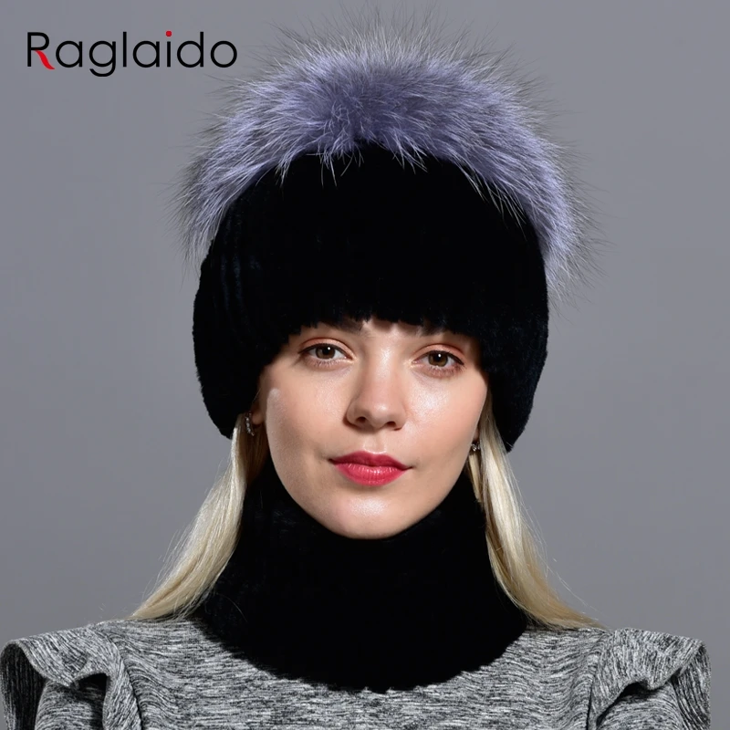 

Raglaido Women Knitted Real Rabbit Fur Hats Scarves Set Winter Genuine Natural Fur Cap with fox balls pompom fur caps LQ11277