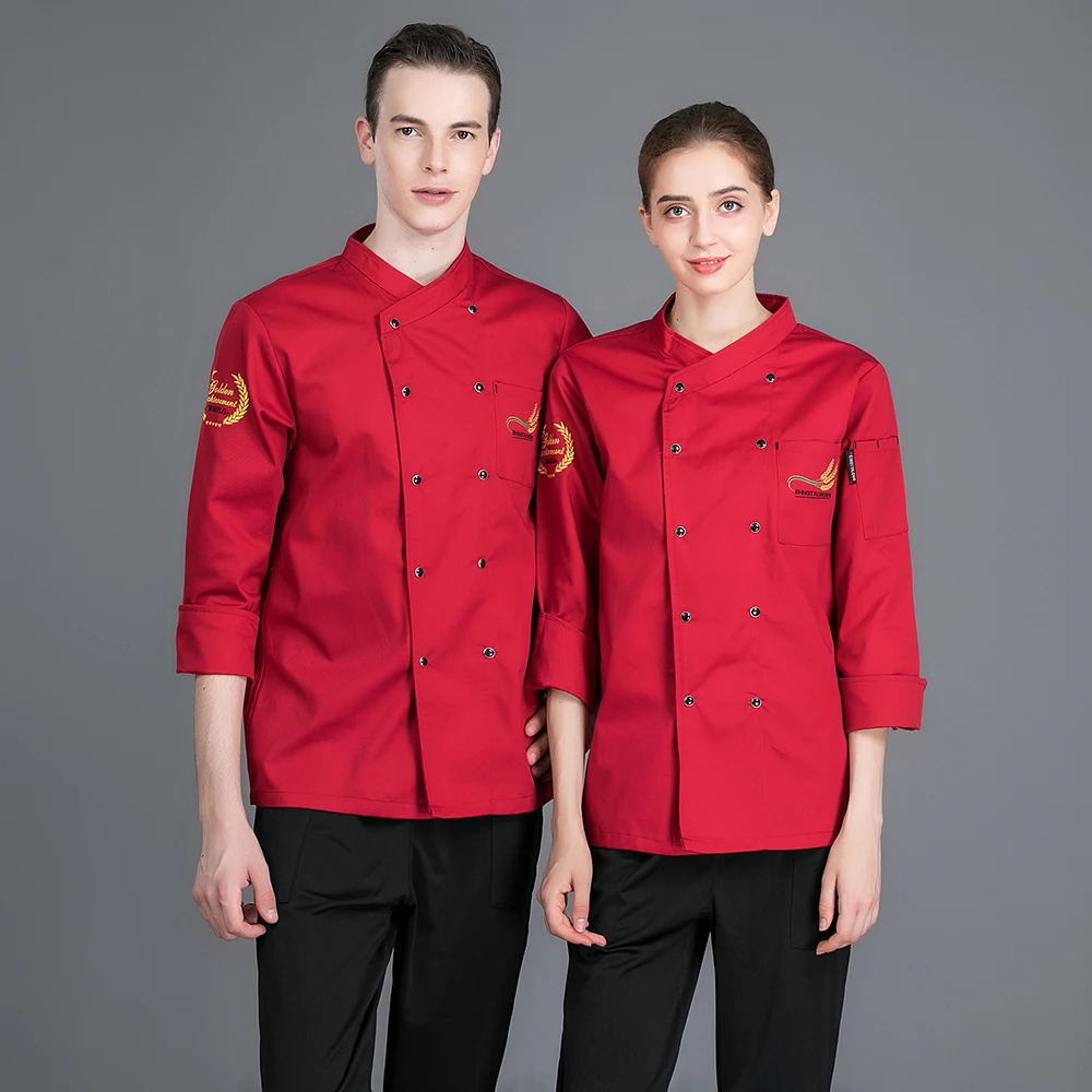 Вышивка с длинным рукавом двубортный шеф повар пальто Ресторан Кафе Кухня пособия по кулинарии одежда Рабочая Униформа костюм Официанта