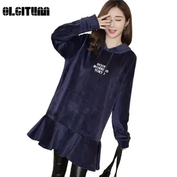 

New 2020 Autumn and Winter Women Korean Fashion Letter Sweatershirt Embroidery Hooded Long Dress