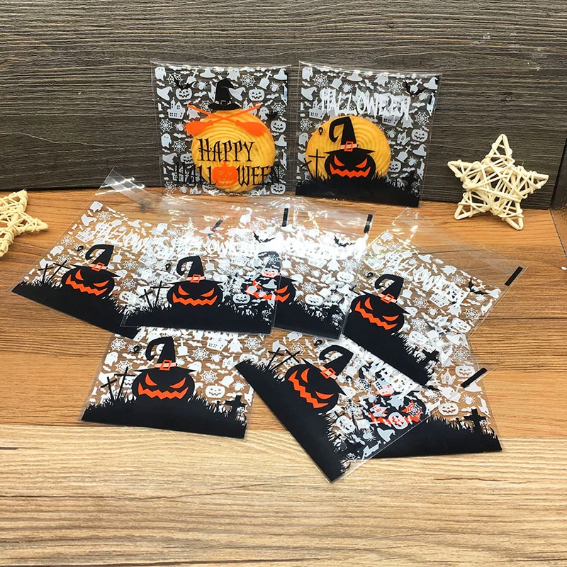 

100pcs Multistyle Halloween Cookie Candy Bread Packaging Bags Self-adhesive Plastic Bags Biscuits Snack Baking Package 10X10+3cm