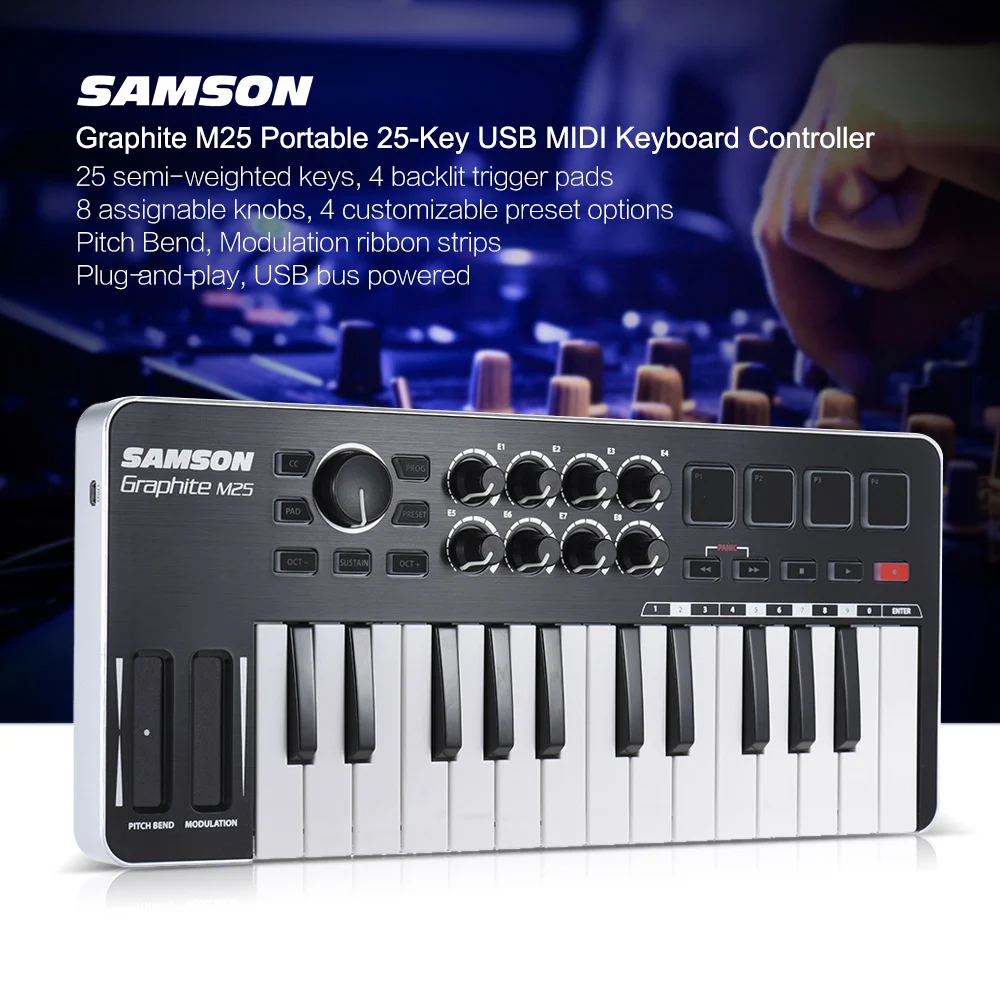 Samson GRAPHITE M25 Mini USB MIDI контроллер 25 клавиш для ipad клавиатуры портативный для аранжирования выступлений