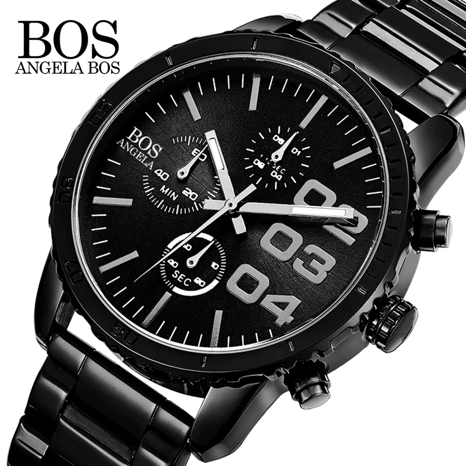 

ANGELA BOS Chronograph Stop Watch Top Brand Luxury Sport Quartz-watch Stainless Steel Mens Watches Fashion Business Men Clock