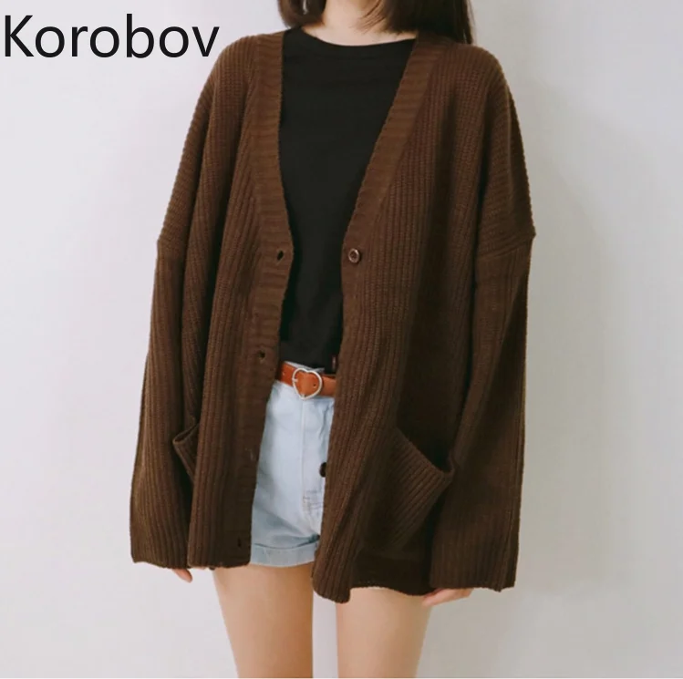 

Korobov Autumn Winter New V Neck Knitted Cardiagns Pockets Single Breasted Loose Casual Sweaters Solid Outwear Tops 78627