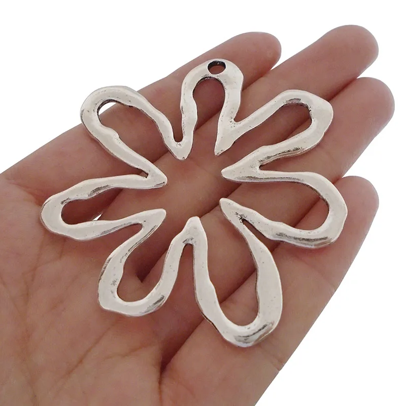 

3 x Antique Silver Tone Large Flower Charms Pendants Hollow Open for Necklaces Jewelry Making Findings 65x61mm