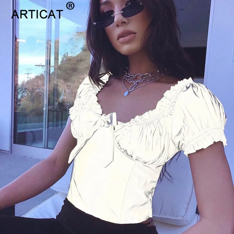 

Articat Reflective Ruffles Sexy Crop Top Women Streetwear Lace Up Lantern Sleeve Short Cropped Summer Tops Casual Party Tank Top