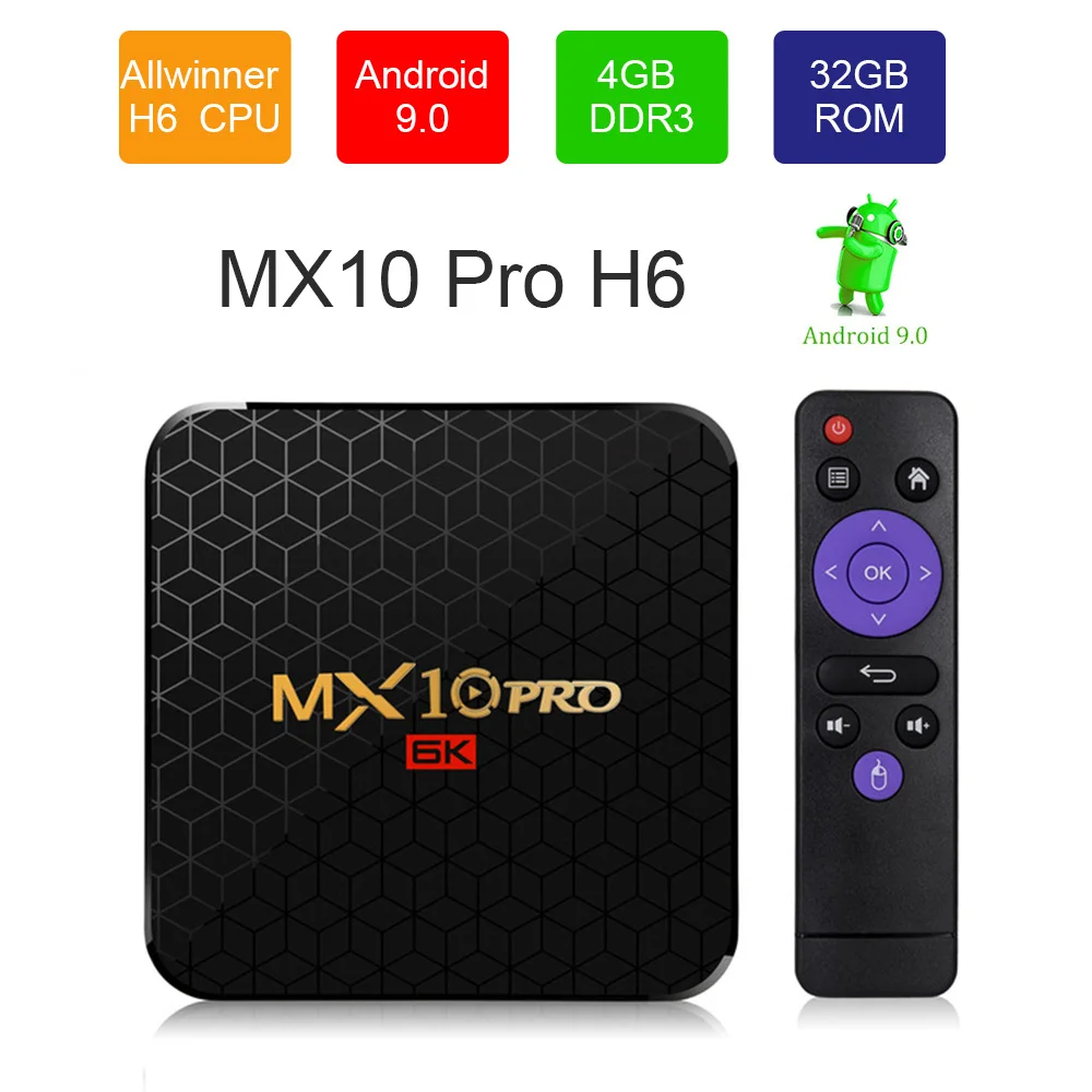 

MX10 Pro Allwinner H6 TV Box 4GB DDR3 RAM 64GB EMMC ROM 2.4G WIFI Android 9.0 6K 4K HD Smart Box Remote Control