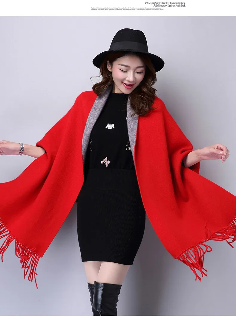 Новая мода осень зима женщин толстый двойной цвет кисточкой большой плащ кардиган шаль с бахромой плащ с длинными рукавами свитер пальто C0021