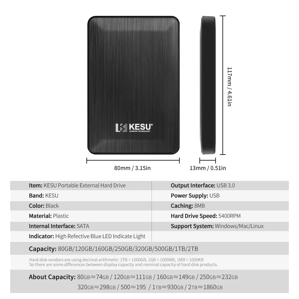 Кесу Портативный Внешние жесткие диски для ноутбуков USB3.0 HDD 120G 160G 320G 500G 1 ТБ 2 ТБ хранения беспроводного доступа в Интернет для ПК и Mac, планшеты, Xbox, PS4, ТВ коробка