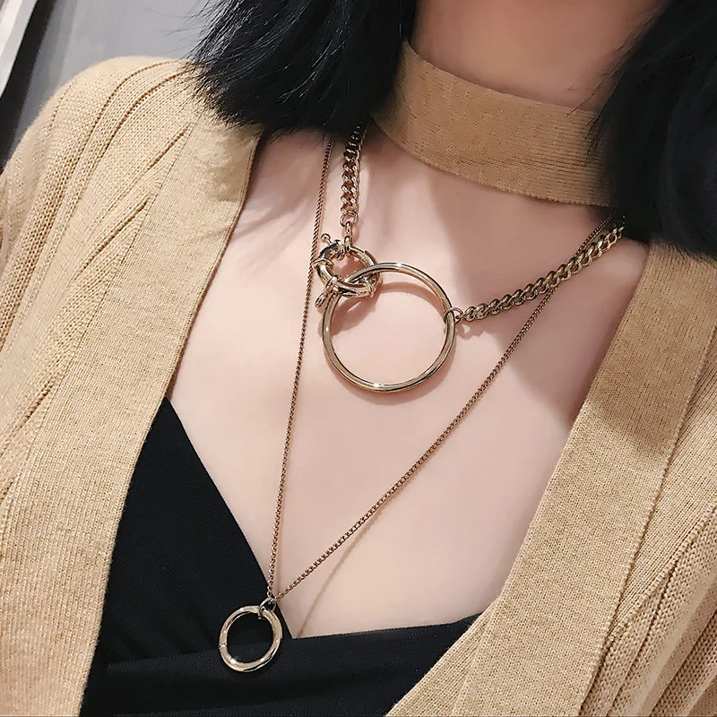 

2019 Fashion Necklace For Women Big Round Circles Double Layers Choker Colar Jewelry Gold Color Chain