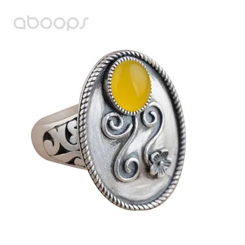

Vintage Matte Finish 990 Sterling Silver Oval Yellow Chalcedony Ring for Women Girls Size 6 7 8 9 10 Free Shipping
