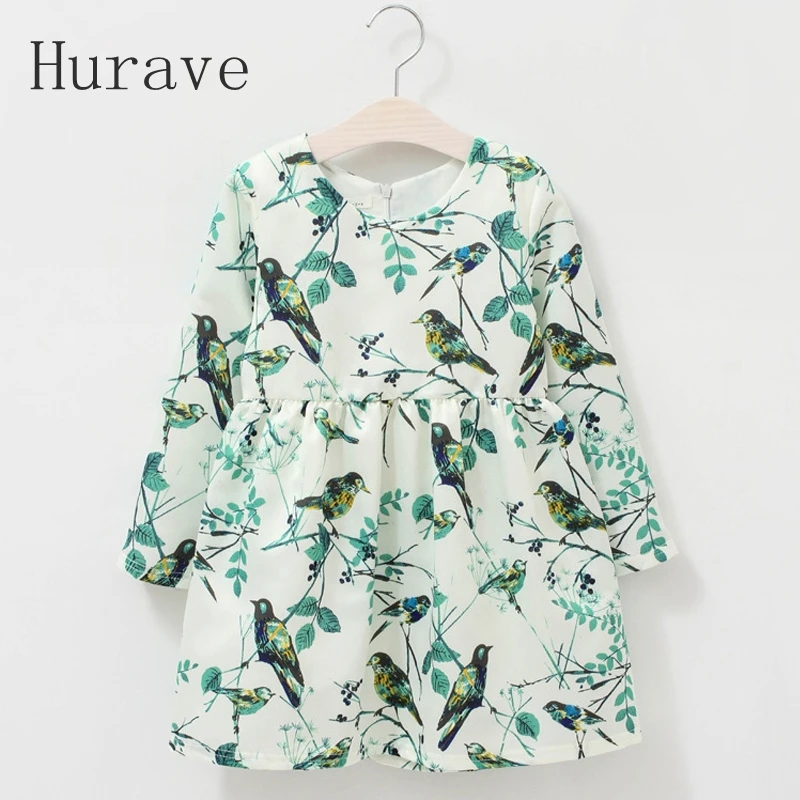 Hurave new arrival casual baby girls dress autumn print bird dress kids girls clothes floral vestidos