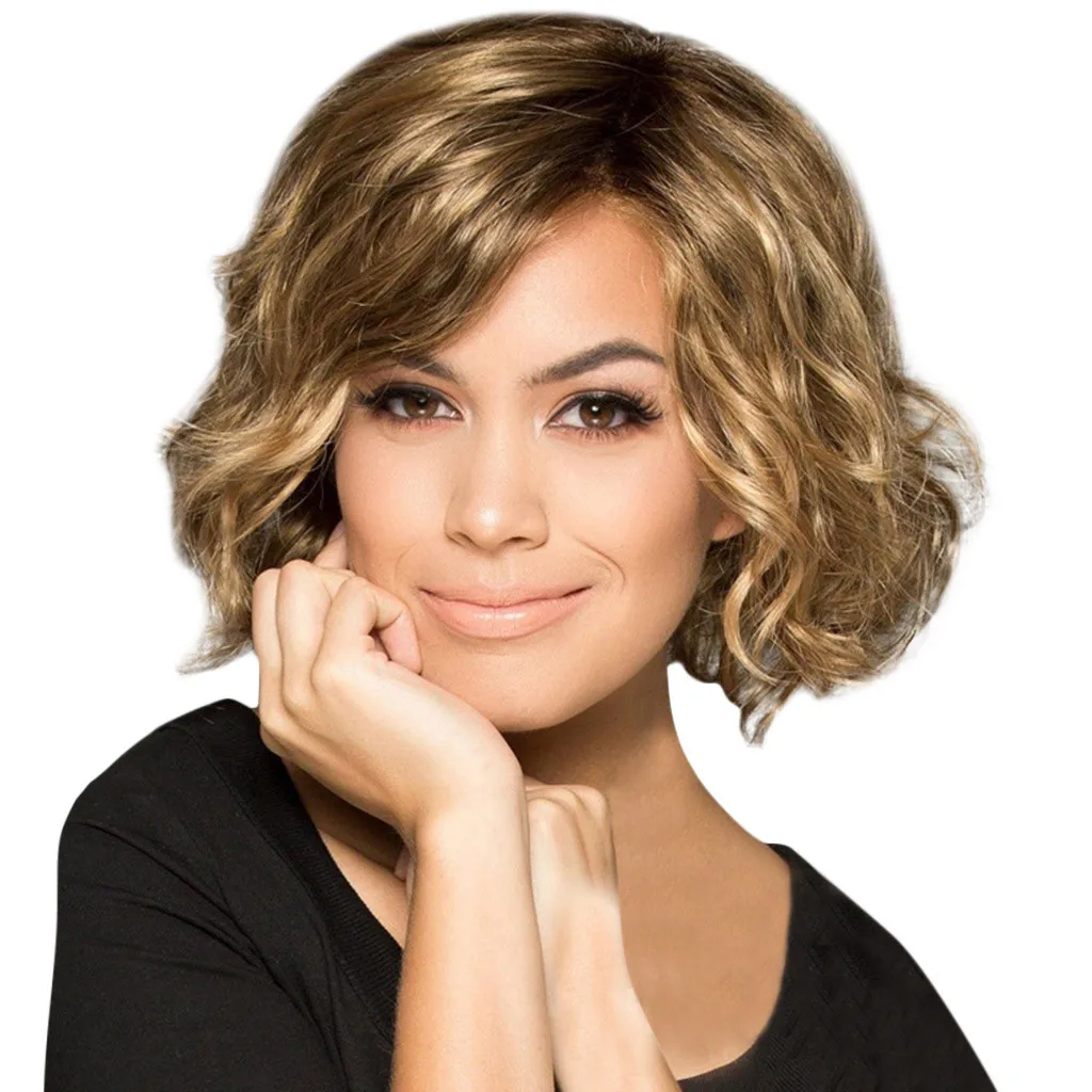 

Factory price 1pc Women Fashion Lady Gold Short Curly Hair Female Fiber Synthetic High Temperature Fiber 26cm Wigs Stand Mar25