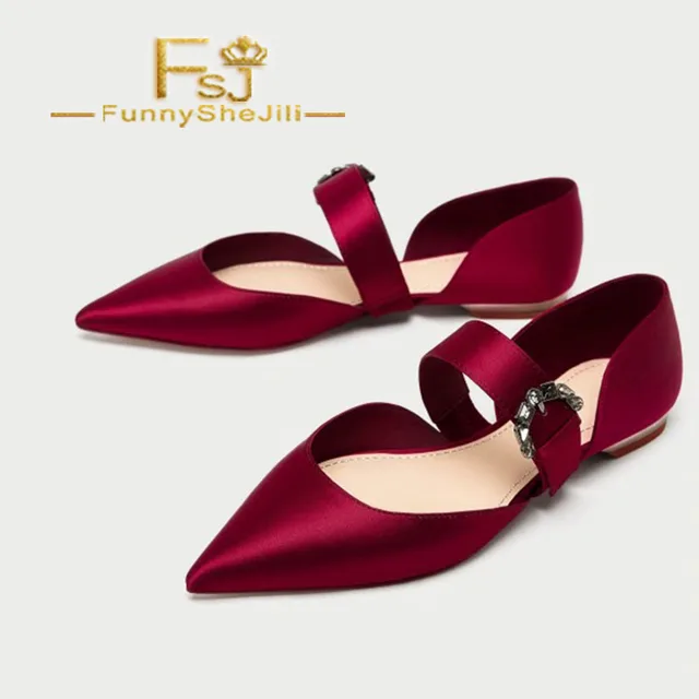 Women's Red Satin Mary Jane Shoes Pointy Toe Flats Ballet Shoes Spring ...