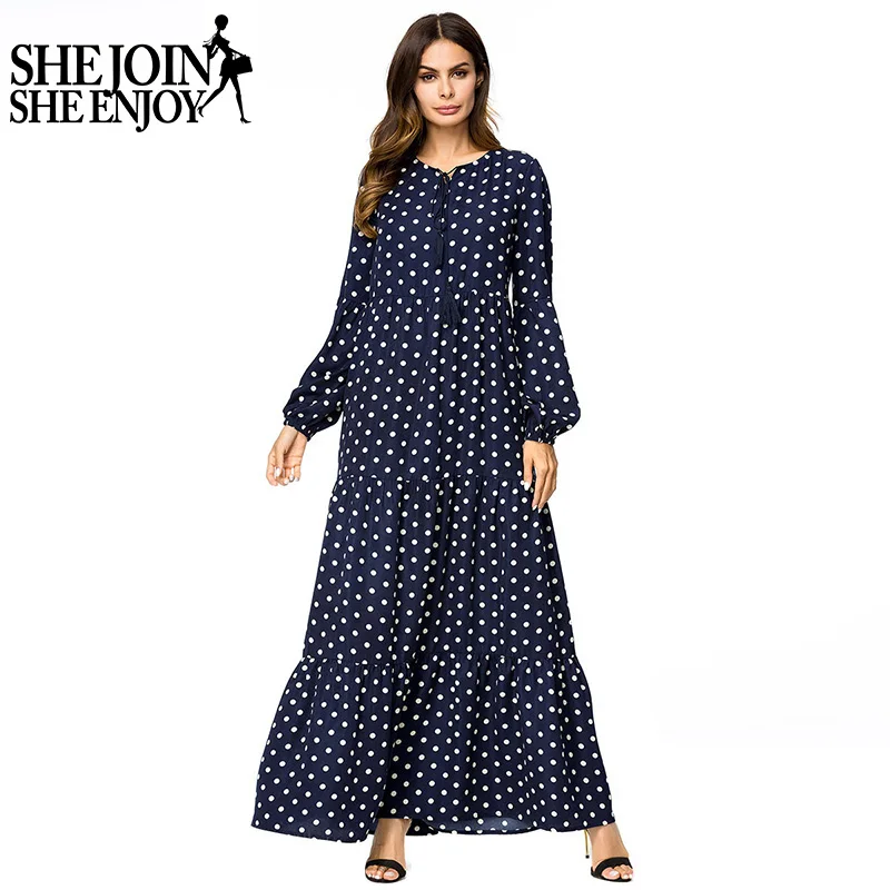 ShejoinSheenjoy Dot Print Autumn Long Sleeve Maxi Dresses Muslim Abaya Boho Tassel Casual Women Long Dress Pluse Size Clothing Dresses